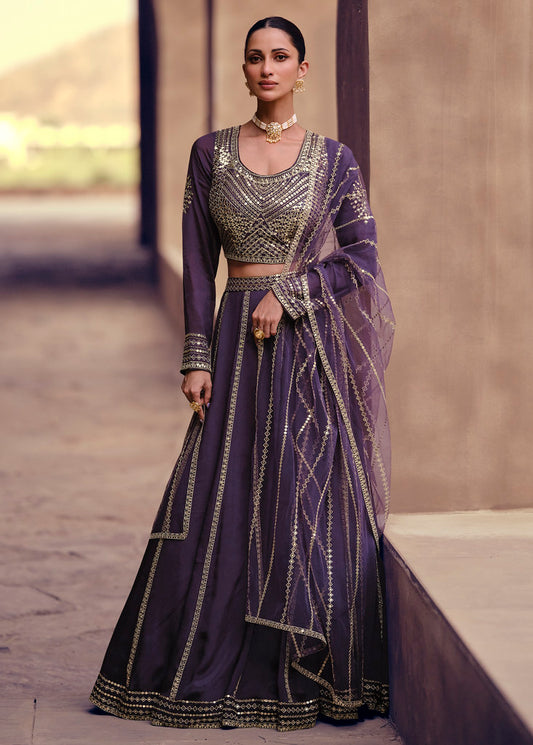 Purple Real Chinon Silk Heavy Thread Embroidery With Sequins Work Lehenga Choli (Fully Free Size Stitched-XL)