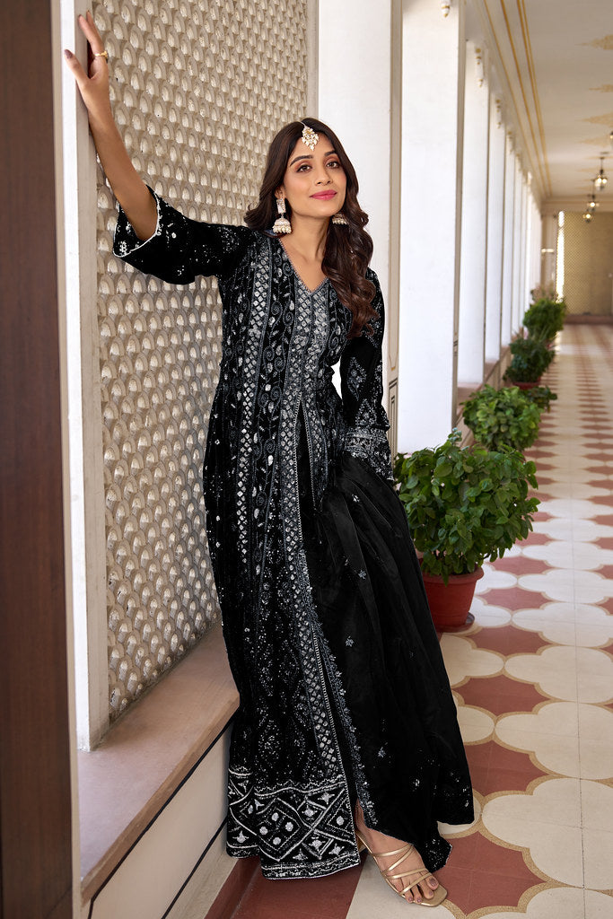 Black Heavy Faux Georgette Heavy Dull Santoon Silk Heavy Thread Embroidery With Sequince Work