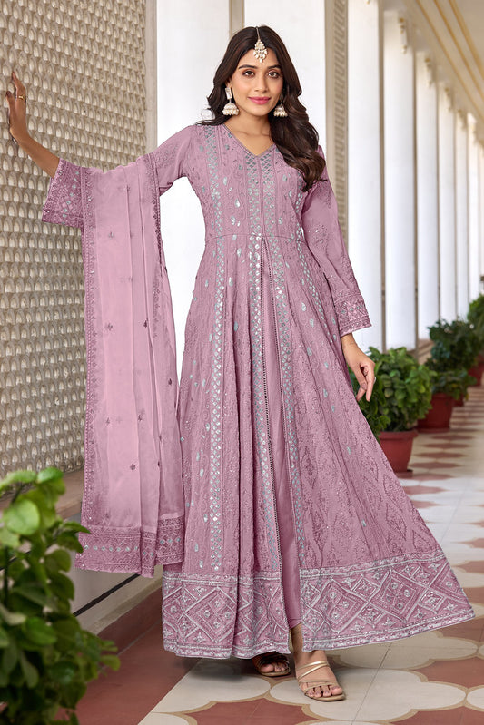Pink Heavy Faux Georgette Heavy Dull Santoon Silk Heavy Thread Embroidery With Sequince Work