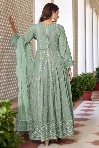 Sage Green Heavy Faux Georgette Heavy Dull Santoon Silk Heavy Thread Embroidery With Sequince Work