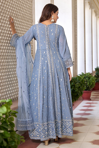 Light Cobalt Blue Heavy Faux Georgette Heavy Dull Santoon Silk Heavy Thread Embroidery With Sequince Work
