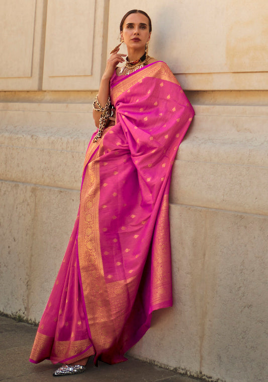 Rani Pink Khadi Silk Jacquard Woven Saree With Blouse