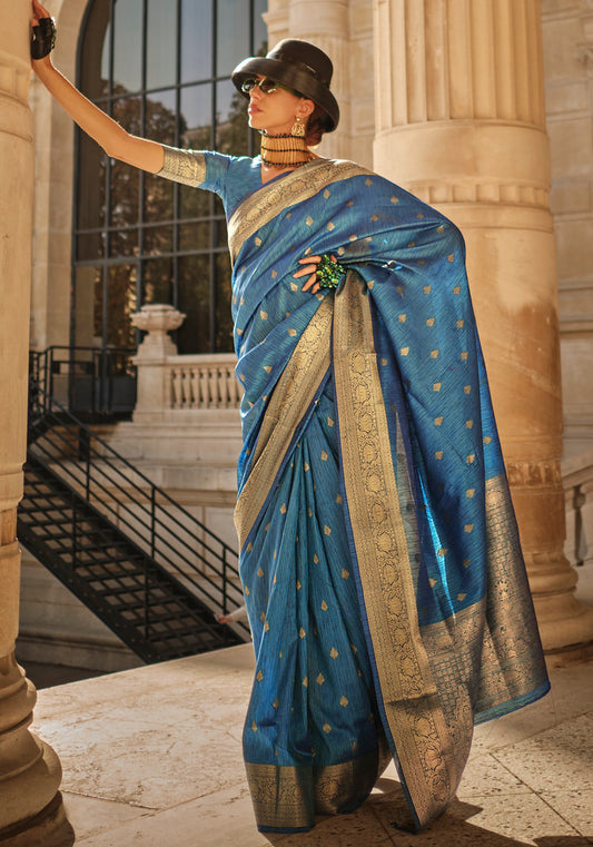 Blue Khadi Silk Jacquard Woven Saree With Blouse
