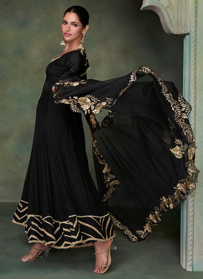 Black Pure Silk Thread Embroidery Work Salwar Kameez(Free Size Stitched)