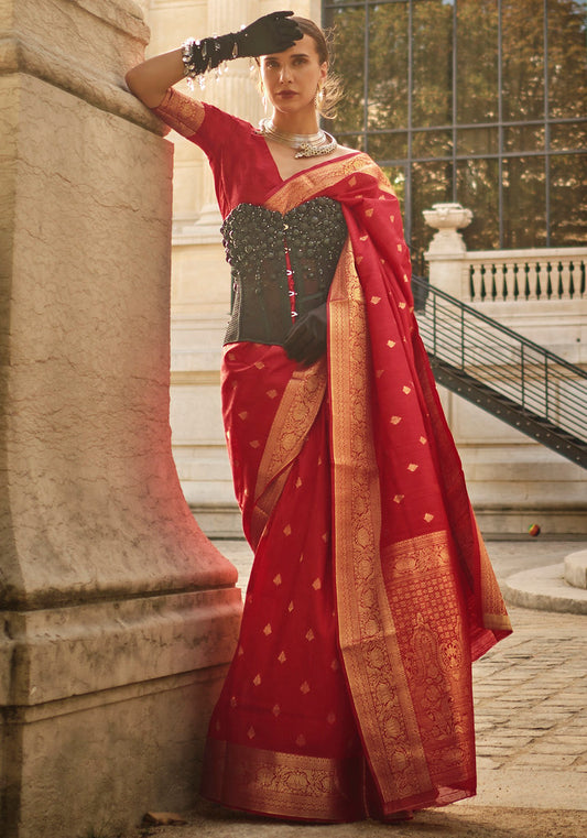 Red Khadi Silk Jacquard Woven Saree With Blouse