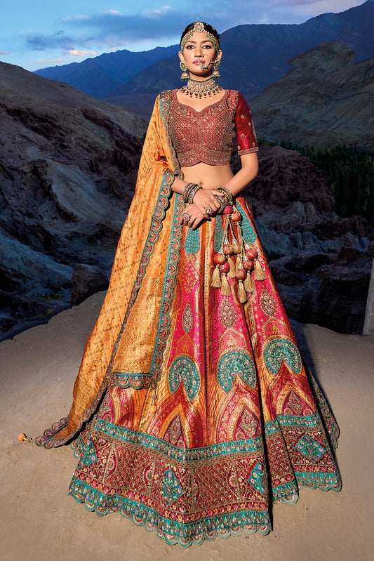 MultiColor Banarasi Jacquard Silk Heavy Thread Embroidery, Zari With Sequins, Cut and Hand Work Lehenga Choli