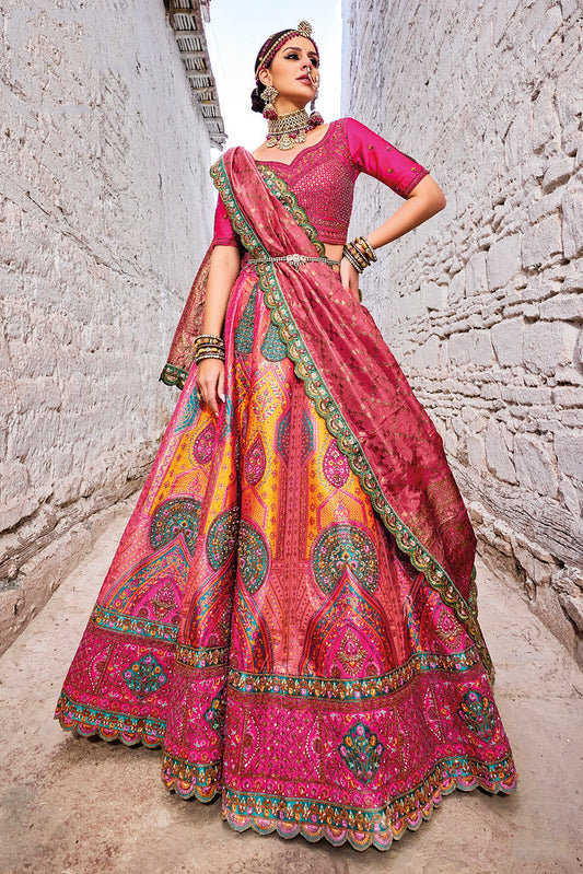 RaniPink Banarasi Jacquard Silk Heavy Thread Embroidery, Zari With Sequins, Cut and Hand Work Lehenga Choli