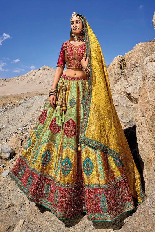 LightGreen Banarasi Jacquard Silk Heavy Thread Embroidery, Zari With Sequins, Cut and Hand Work Lehenga Choli