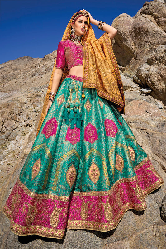 Mint Banarasi Jacquard Silk Heavy Thread Embroidery, Zari With Sequins, Cut and Hand Work Lehenga Choli