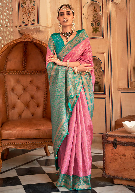 Pink Patola Silk Jacquard Woven Saree With Blouse
