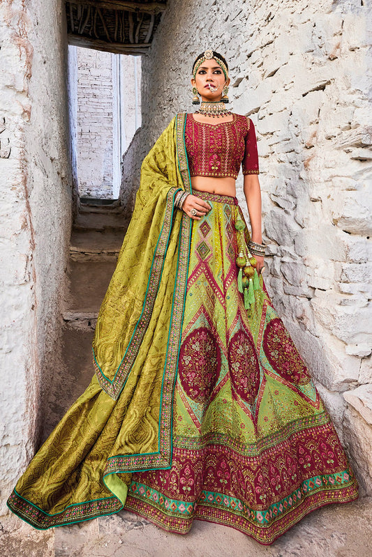 ParrotGreen Banarasi Jacquard Silk Heavy Thread Embroidery, Zari With Sequins, Cut and Hand Work Lehenga Choli