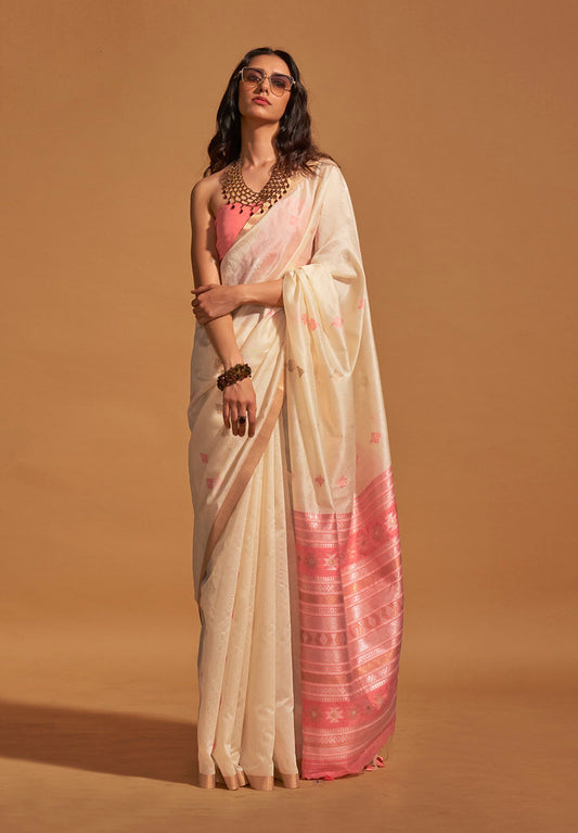 Cream Handwoven Silk Jacquard Woven Saree With Blouse