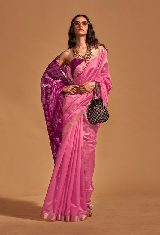 Pink Handwoven Silk Jacquard Woven Saree With Blouse