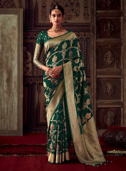 Dark Green Silk Jacquard Woven Saree With Blouse