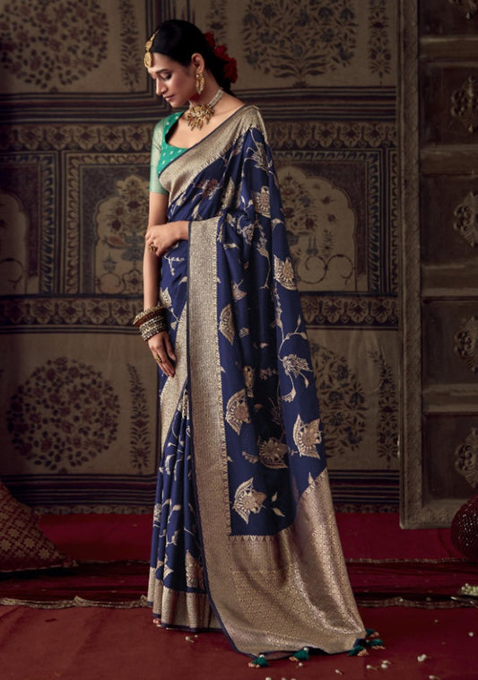 Navy Blue Silk Jacquard Woven Saree With Blouse