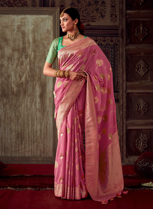Pink Silk Jacquard Woven Saree With Blouse