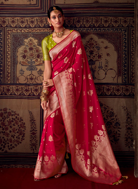Red Silk Jacquard Woven Saree With Blouse