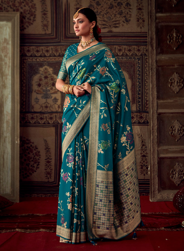 Teal Blue Silk Jacquard Woven Saree With Blouse