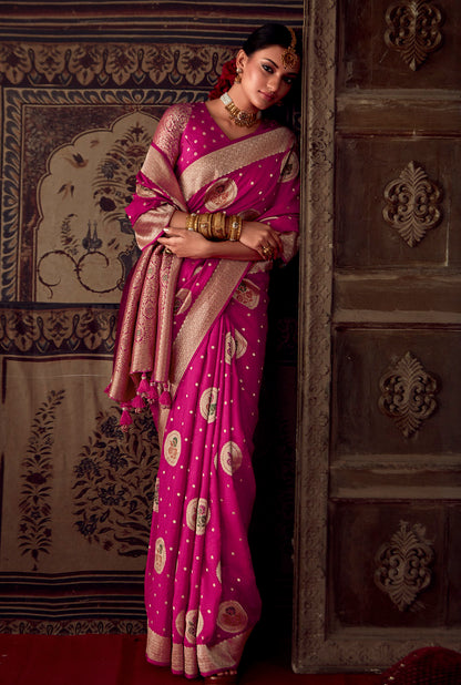 Rani Pink Silk Jacquard Woven Saree With Blouse