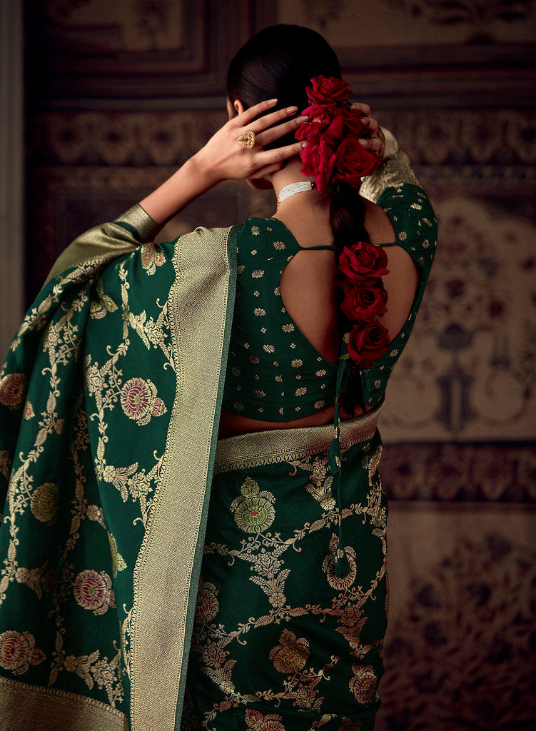 Dark Green Silk Jacquard Woven Saree With Blouse