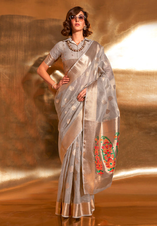 Grey Tissue Silk Zari Woven Saree With Blouse