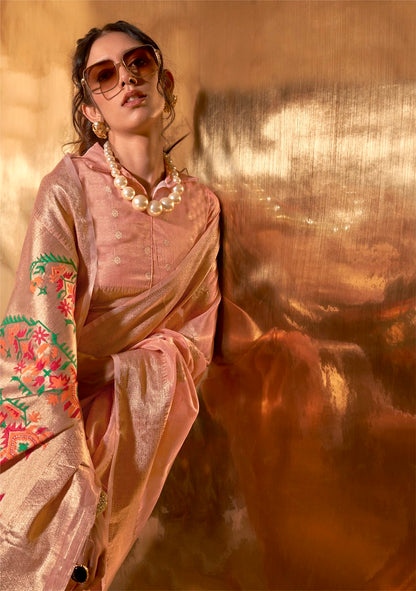 Peach Tissue Silk Zari Woven Saree With Blouse