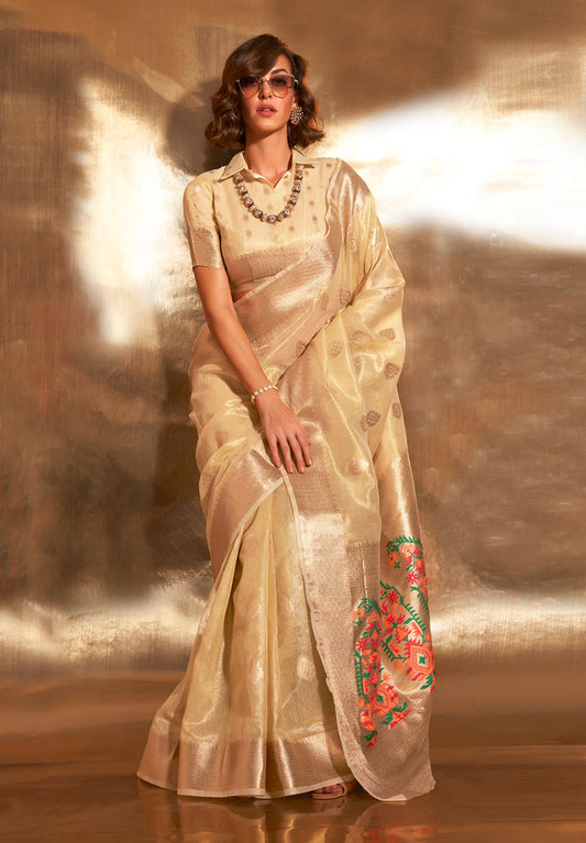 LightYellow Tissue Silk Zari Woven Saree With Blouse