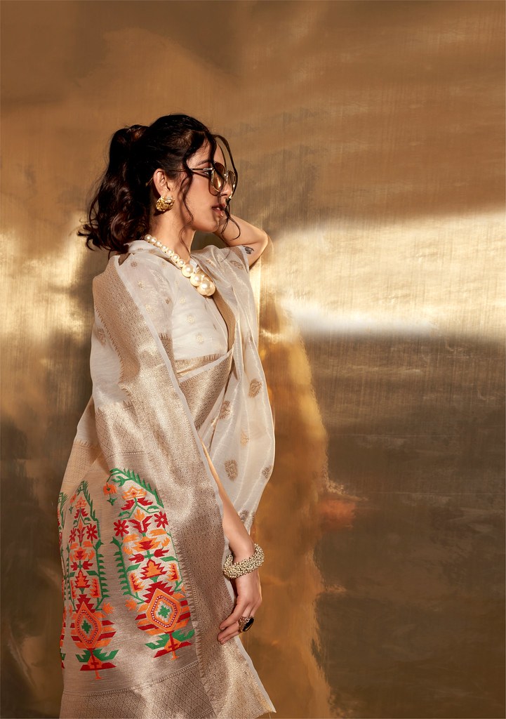 White Tissue Silk Zari Woven Saree With Blouse