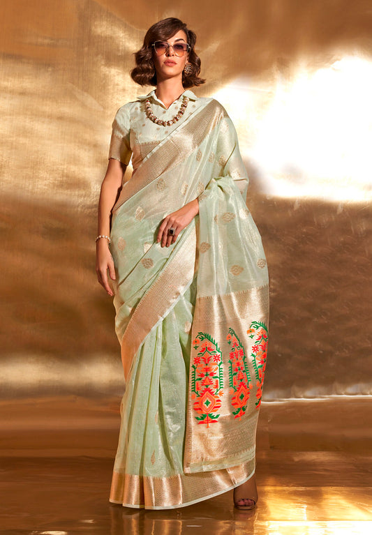 MintGreen Tissue Silk Zari Woven Saree With Blouse