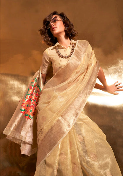 LightYellow Tissue Silk Zari Woven Saree With Blouse