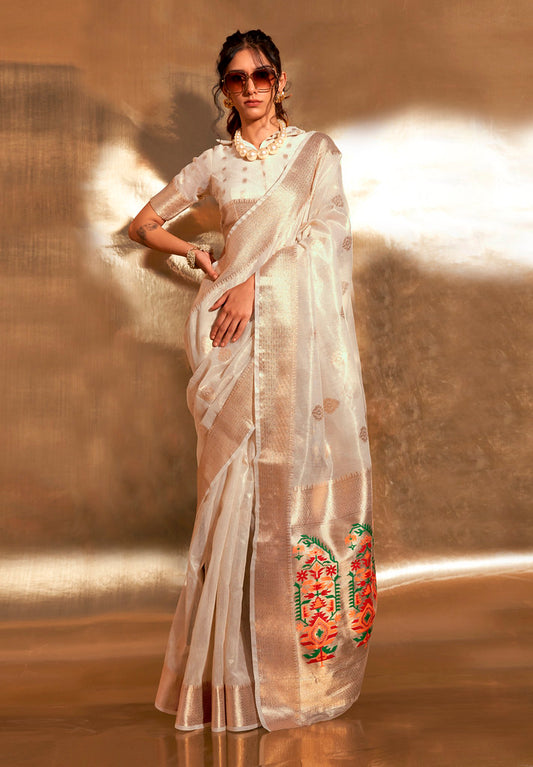 White Tissue Silk Zari Woven Saree With Blouse