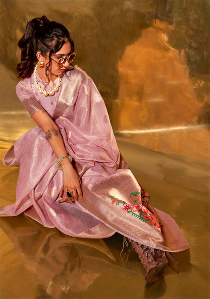 Pink Tissue Silk Zari Woven Saree With Blouse