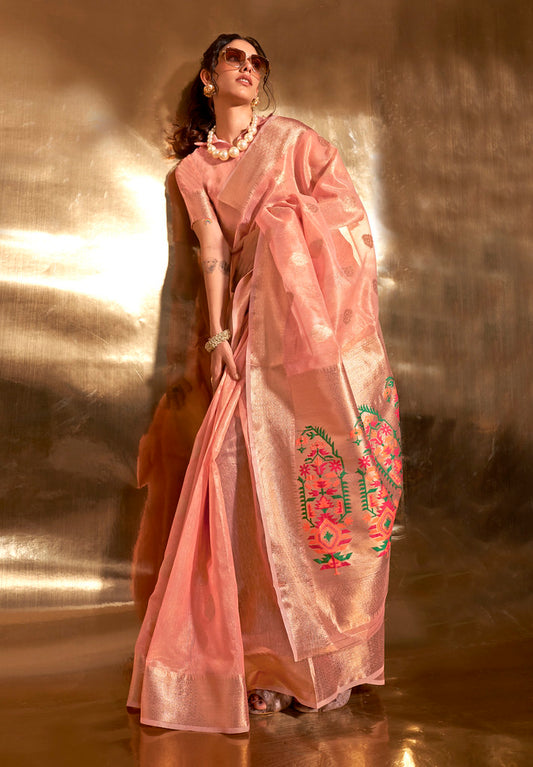 Peach Tissue Silk Zari Woven Saree With Blouse