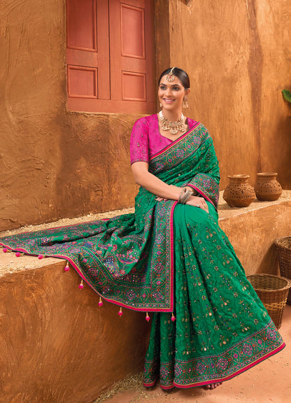 Green Banarasi Silk Pure kacchi, Diamond and Mirror Work Saree With Blouse