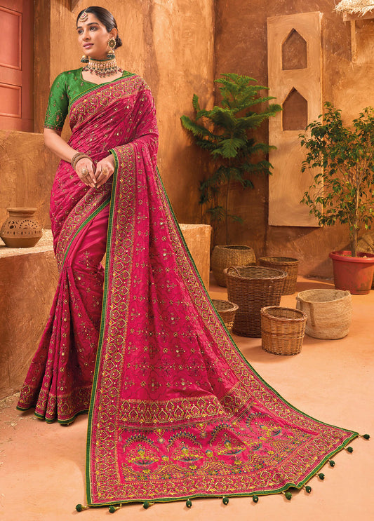 Rani Pink Banarasi Silk Pure kacchi, Diamond and Mirror Work Saree With Blouse