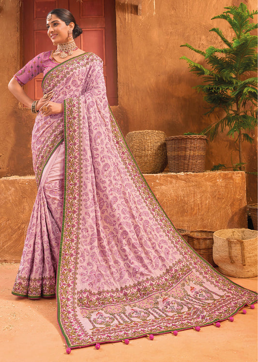 Pink Banarasi Silk Pure kacchi, Diamond and Mirror Work Saree With Blouse
