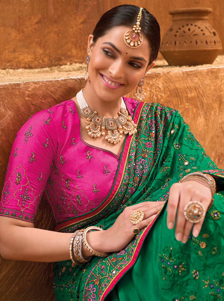 Green Banarasi Silk Pure kacchi, Diamond and Mirror Work Saree With Blouse