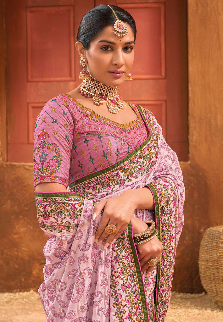 Pink Banarasi Silk Pure kacchi, Diamond and Mirror Work Saree With Blouse