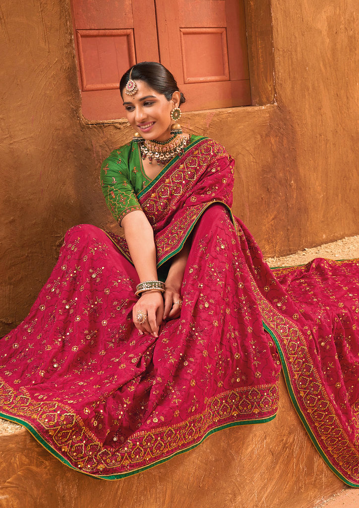 Rani Pink Banarasi Silk Pure kacchi, Diamond and Mirror Work Saree With Blouse