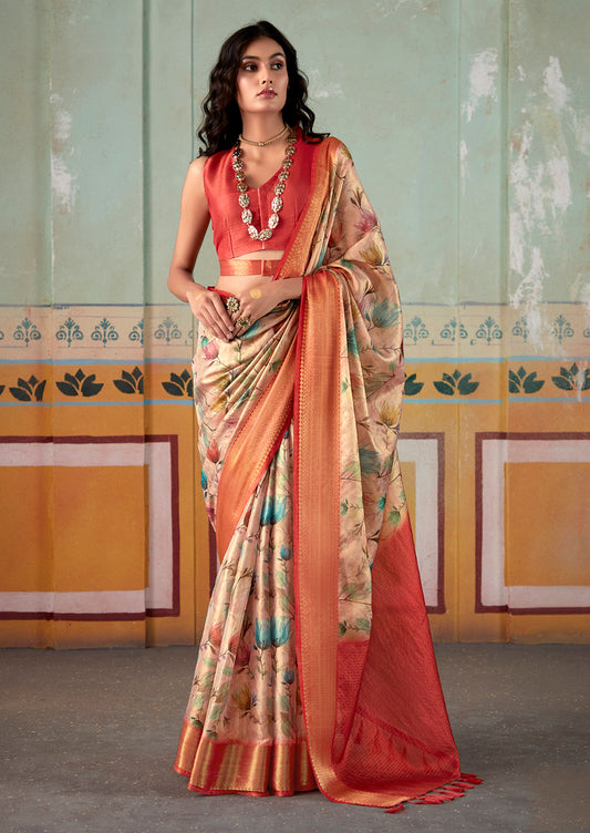 Multi Color Banarasi Silk Jacquard Woven with Digital Print Saree With Blouse