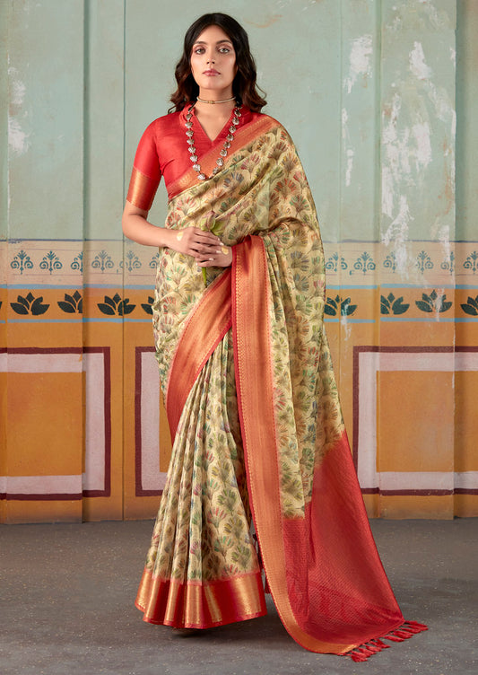 Multi Color Banarasi Silk Jacquard Woven with Digital Print Saree With Blouse