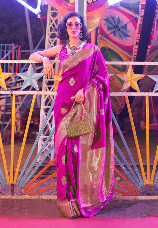 Magenta Banarasi Silk Jacquard Woven Saree With Blouse