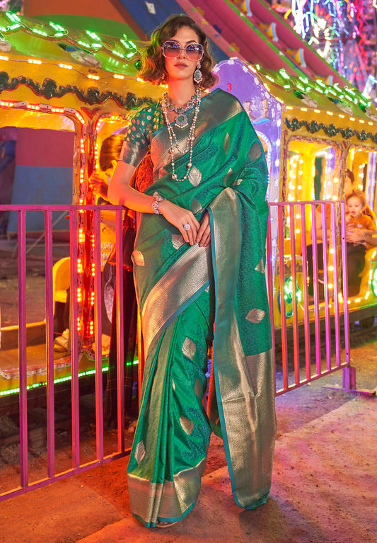 Green Banarasi Silk Jacquard Woven Saree With Blouse