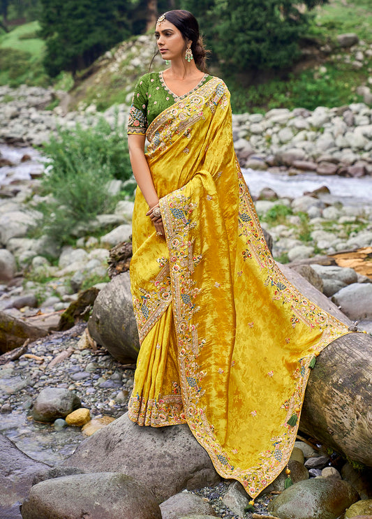 Mustard Silk Heavy Thread Embroidery With Sequins Work Saree With Blouse