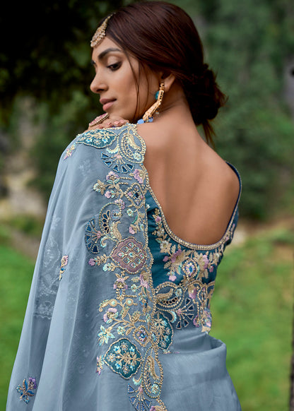 Steel Blue Silk Heavy Thread Embroidery With Sequins Work Saree With Blouse