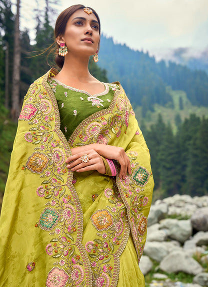 Lime Silk Heavy Thread Embroidery With Sequins Work Saree With Blouse