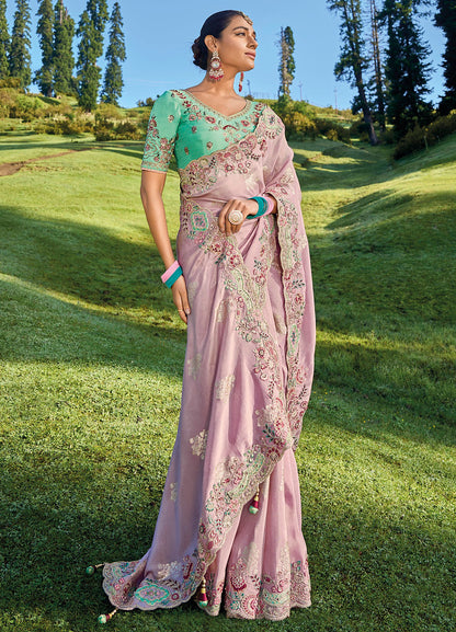 Onion Pink Silk Heavy Thread Embroidery With Sequins Work Saree With Blouse