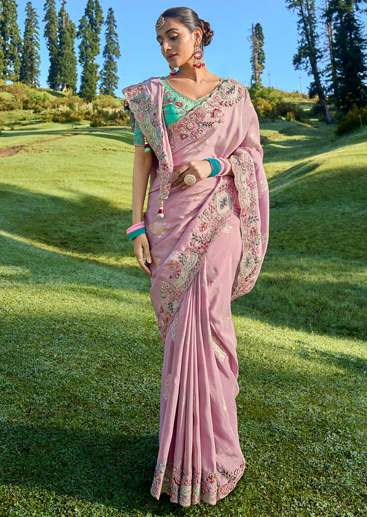 Onion Pink Silk Heavy Thread Embroidery With Sequins Work Saree With Blouse