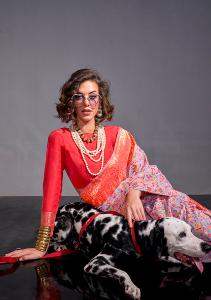 Lavender Kashmiri Silk Kashmiri Chaap Jacquard Woven Saree With Blouse