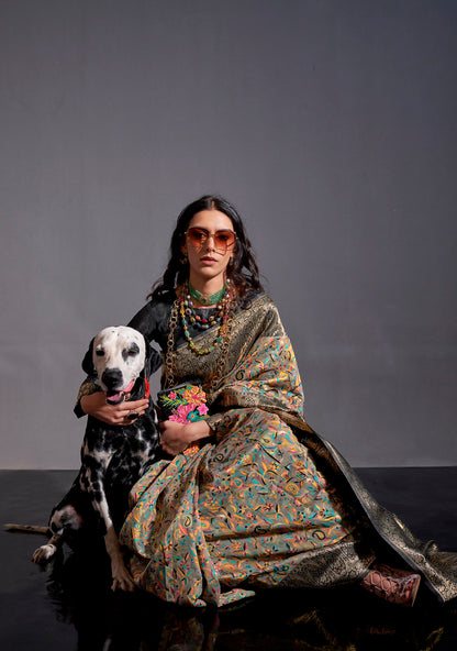 Grey Kashmiri Silk Kashmiri Chaap Jacquard Woven Saree With Blouse